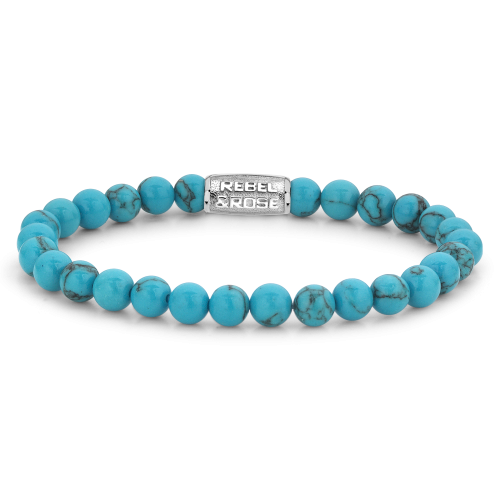 Bracelet en turquoise de 6 mm avec des perles et un élément en métal argenté.
