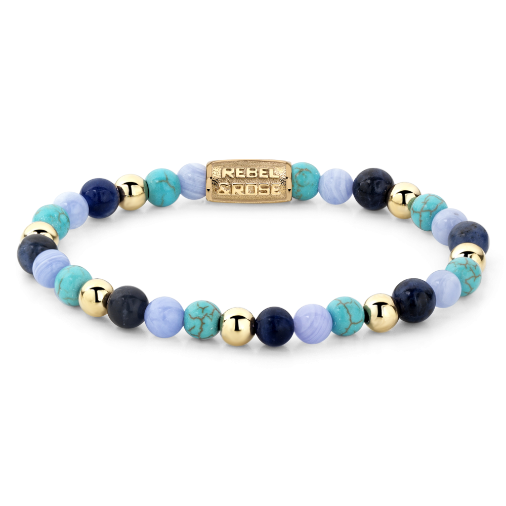 Bracelet en perles de 6 mm, avec des perles bleues, turquoises et dorées.