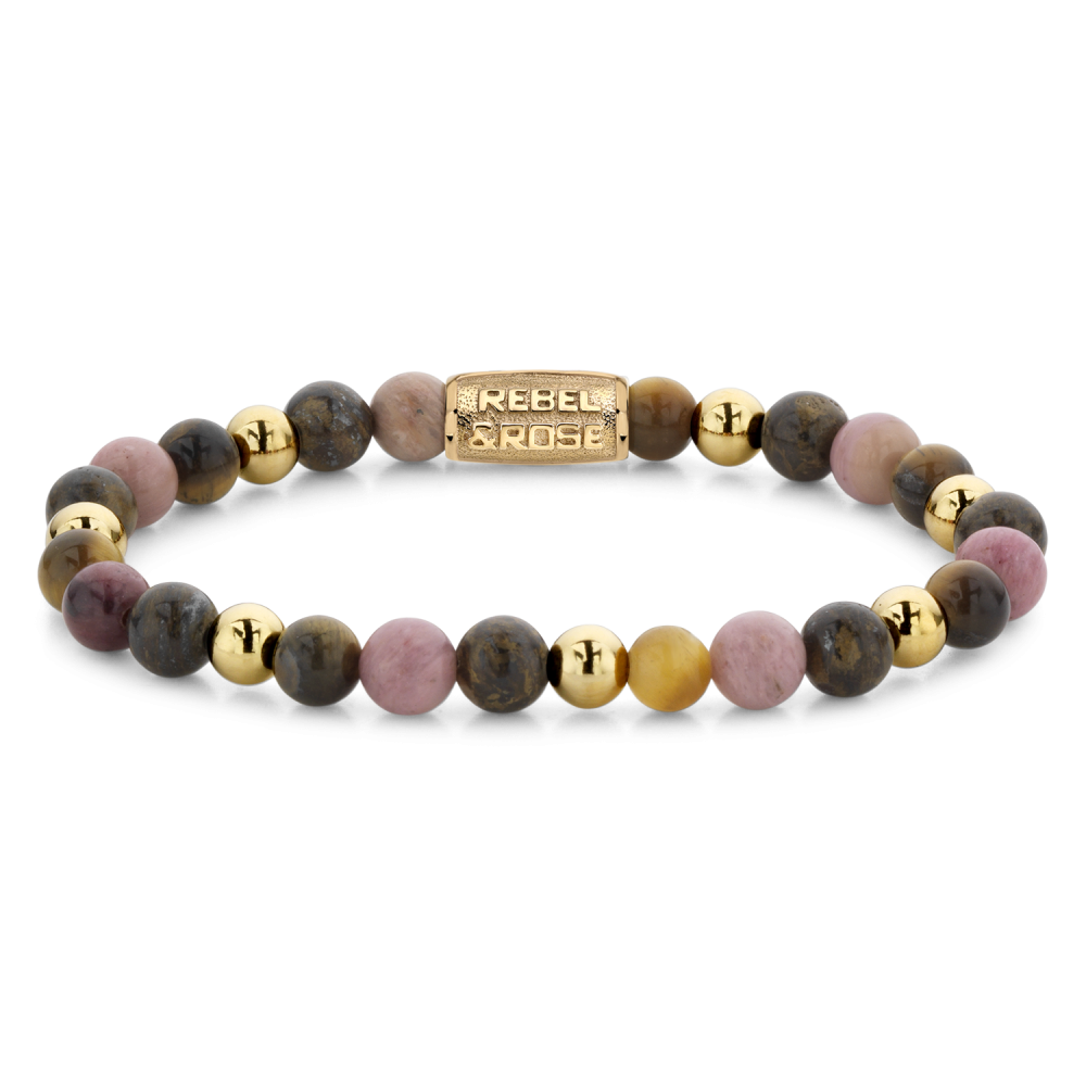 Bracelet en perles avec des perles en or jaune ionisé de 6 mm et des perles multicolores.