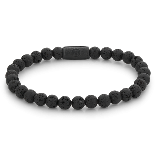 Bracelet en perles noires de 6 mm, en pierre volcanique, avec un fermoir noir.