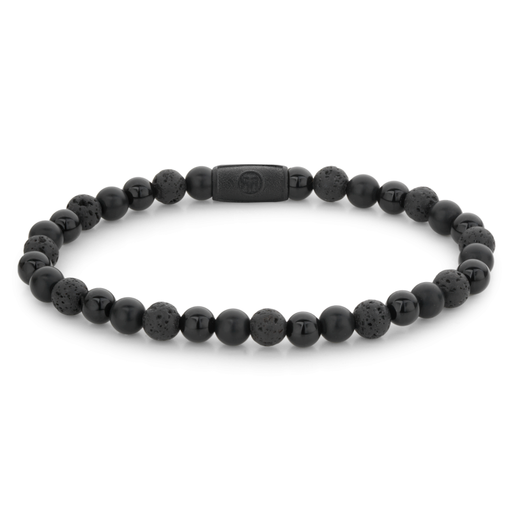 Bracelet en perles noires de 6 mm avec des détails texturés et un fermoir noir.