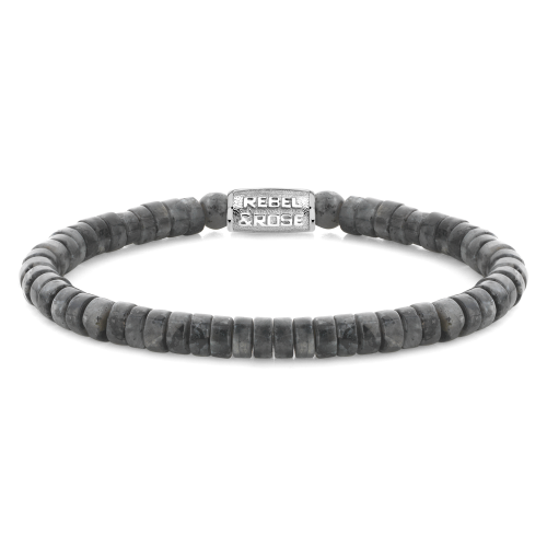 Bracelet en perles grises de 6 mm avec un fermoir en métal.