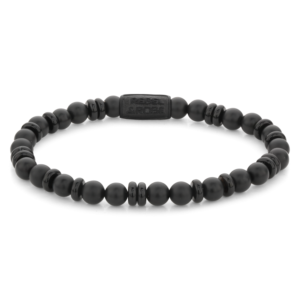 Bracelet en perles noires de 6 mm pour homme, avec des détails texturés.