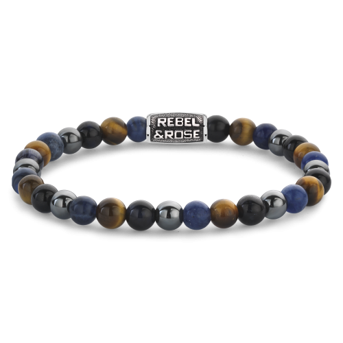 Bracelet pour homme en perles de 6 mm, mélange de pierres bleues et noires avec un fermoir en métal.