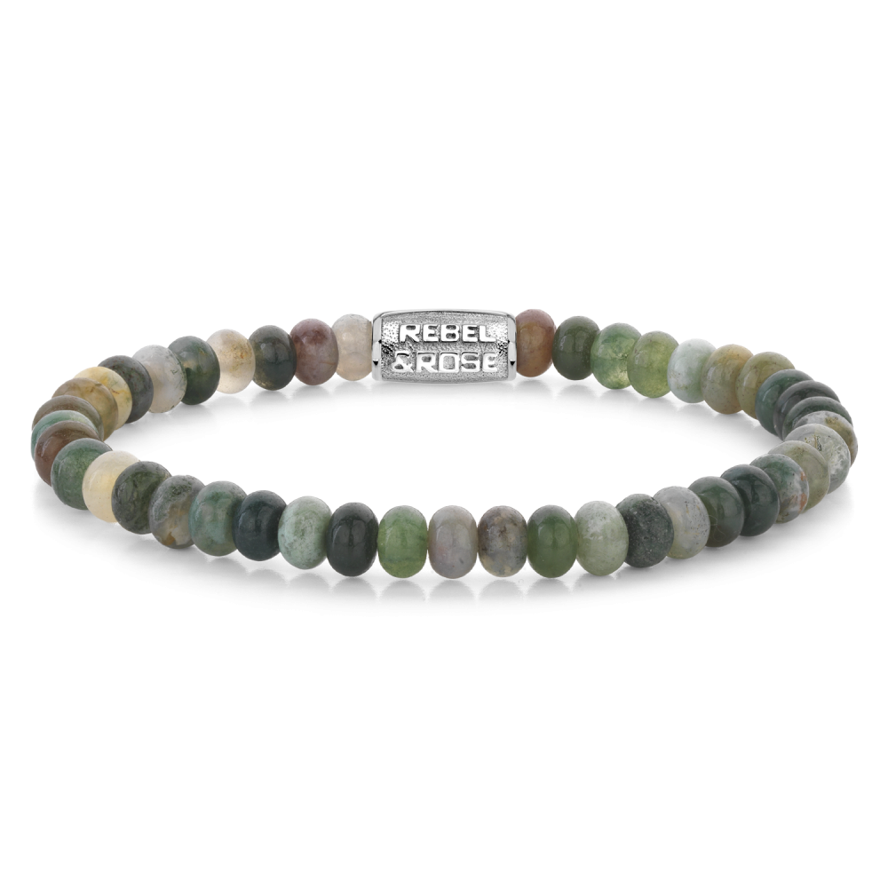 Bracelet en perles rondes de 6 mm, aux teintes variées de vert et marron.