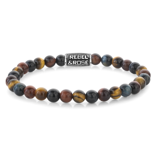 Bracelet en pierres de tigre de 6 mm avec un fermoir en métal noir.