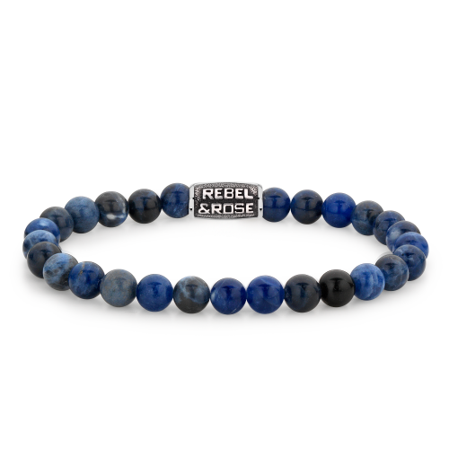 Bracelet pour homme en pierres bleues vintage de 6 mm avec un détail en métal argenté.