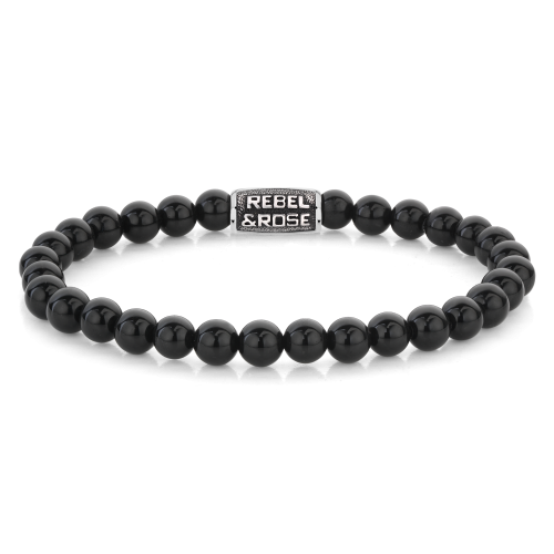 Bracelet en perles noires de 6 mm avec un fermoir en métal argenté.