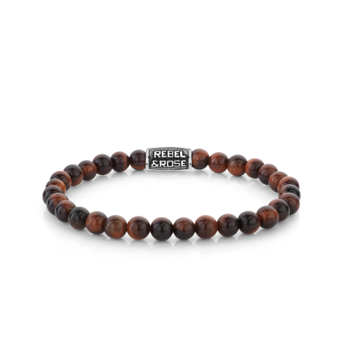 Bracelet en perles de 6 mm, en pierres rouges et noires, avec un fermoir en métal.