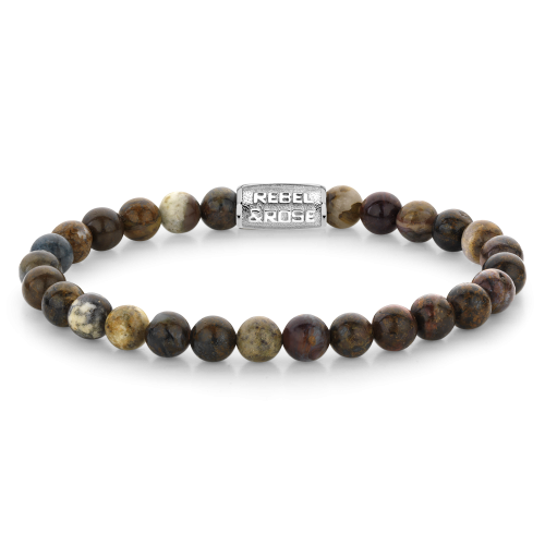 Bracelet en perles pour homme de 6 mm, avec des perles aux teintes automnales et un fermoir en métal.