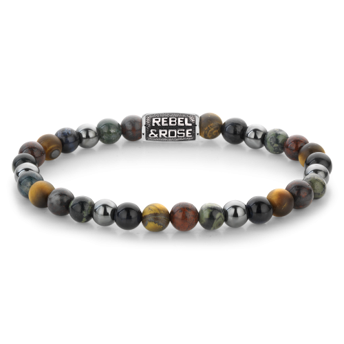 Bracelet de perles pour homme de 6 mm avec des pierres multicolores et un logo en métal.