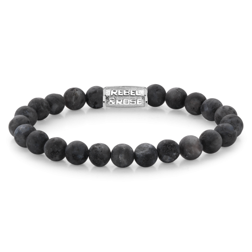Bracelet en perles grises mates de 8 mm avec un fermoir en métal argenté.