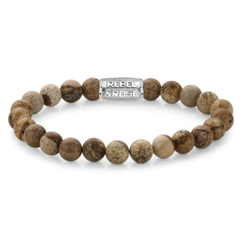 Bracelet en perles de 8 mm avec des perles marron et un élément en métal argenté.
