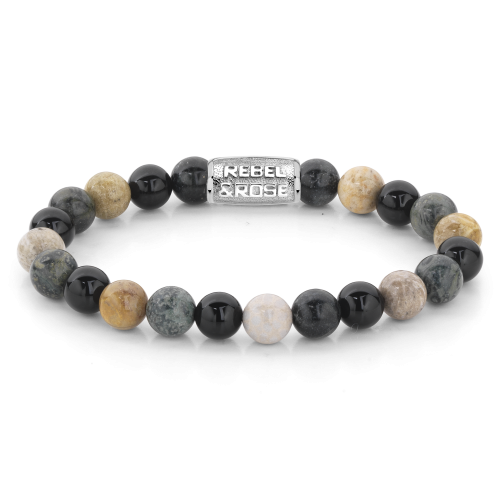 Bracelet pour homme en perles de 8 mm, avec des perles noires et des nuances de gris et beige, fermoir argenté.