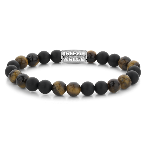 Bracelet pour homme en perles de 8 mm, avec des perles noires mates et des perles en jaspe tigre, fermoir en métal.