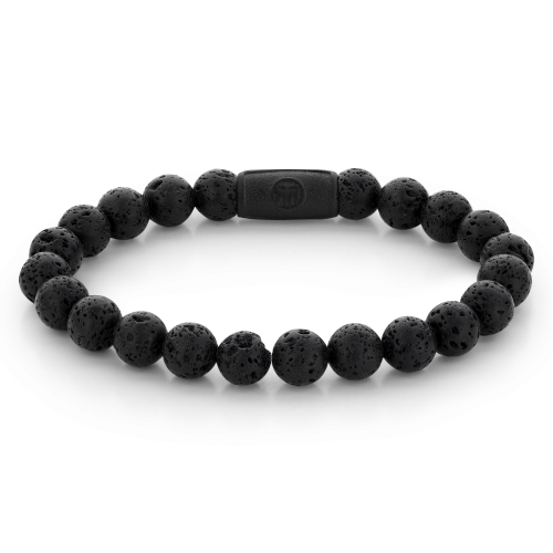 Bracelet en perles noires de 8 mm, avec des perles en lave et un fermoir noir.