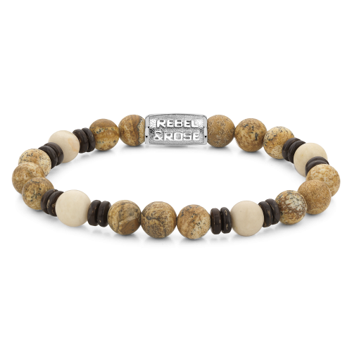 Bracelet pour homme en perles de 8 mm, mélange de perles beiges et marron avec un élément en métal argenté.