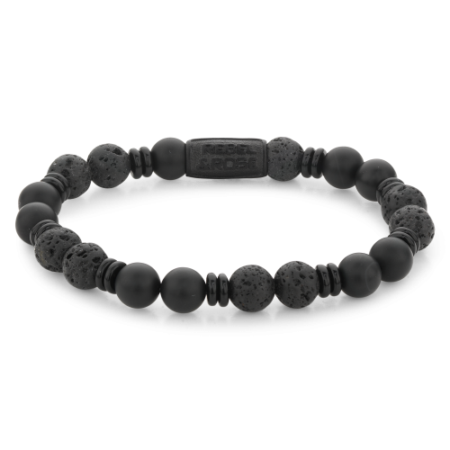 Bracelet en perles noires de 8 mm avec des détails texturés et un fermoir en métal.
