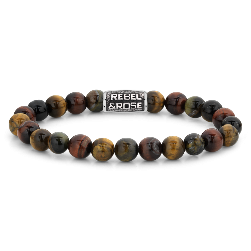 Bracelet en perles de 8 mm avec des perles en pierre naturelle dans des tons marron et noir, fermoir en métal avec inscription.