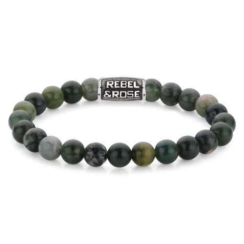 Bracelet en perles de 8 mm, mélange de pierres vertes et grises avec un élément en métal argenté.