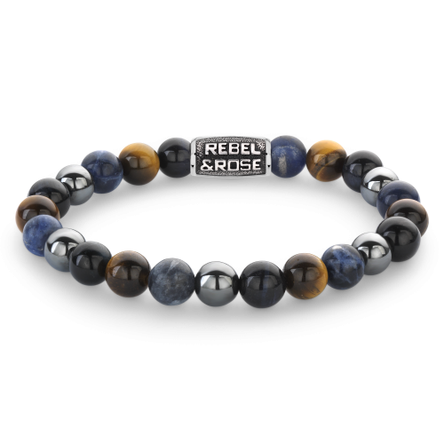 Bracelet en perles de 8 mm avec des pierres bleues et noires, fermoir en métal argenté.