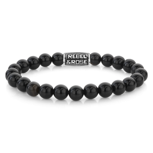 Bracelet en perles noires de 8 mm avec un logo en métal argenté.