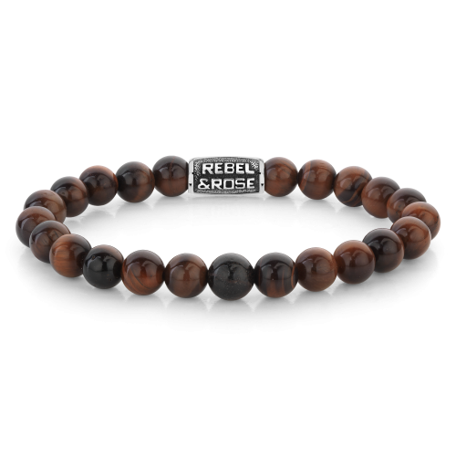 Bracelet en perles de 8 mm avec des perles de tigre rouge et noir, fermoir en métal.