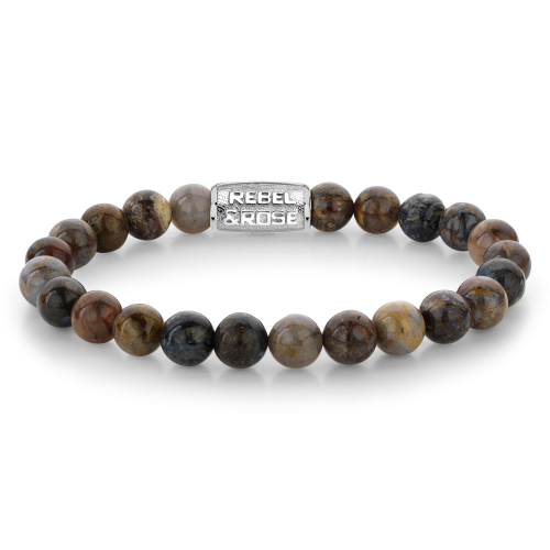 Bracelet pour homme en perles de 8 mm, avec des nuances de brun et de noir, et un fermoir en métal argenté.