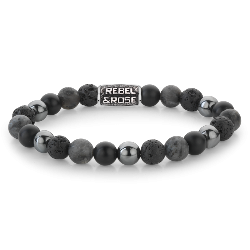 Bracelet en perles grises de 8 mm pour homme, avec un élément central en métal.