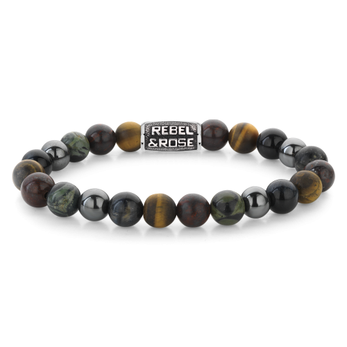 Bracelet en perles pour homme de 8 mm, avec des perles multicolores et un fermoir en métal.