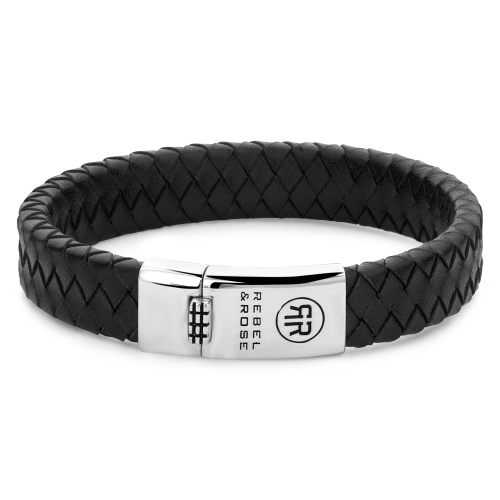 Bracelet en cuir tressé noir avec fermoir en acier inoxydable.