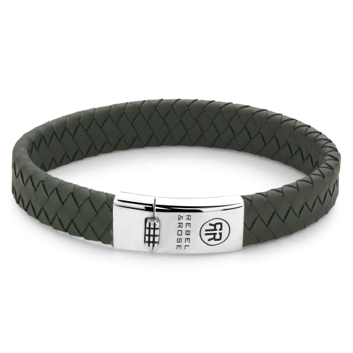 Bracelet tressé en cuir noir avec fermoir en acier inoxydable argenté.