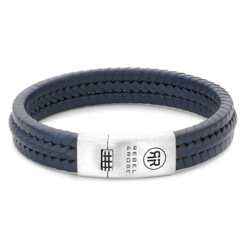 Bracelet en cuir tressé bleu marine avec fermoir en acier inoxydable.
