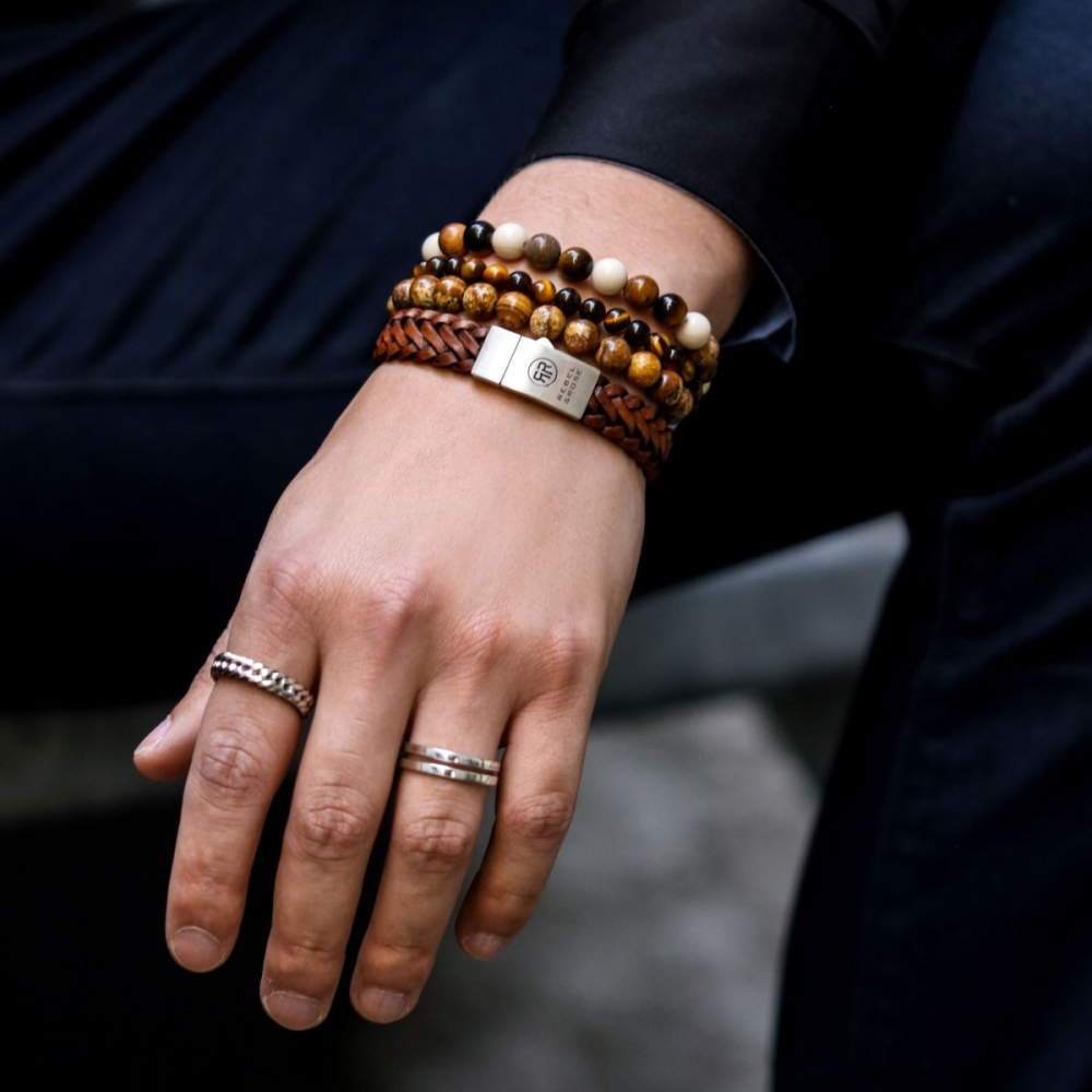 Bracelet en cuir pour homme tressé brut mat cognac
