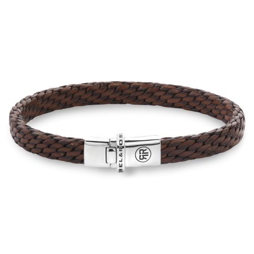 bracelet en cuir tressé patiné cognac avec fermoir en acier inoxydable.
