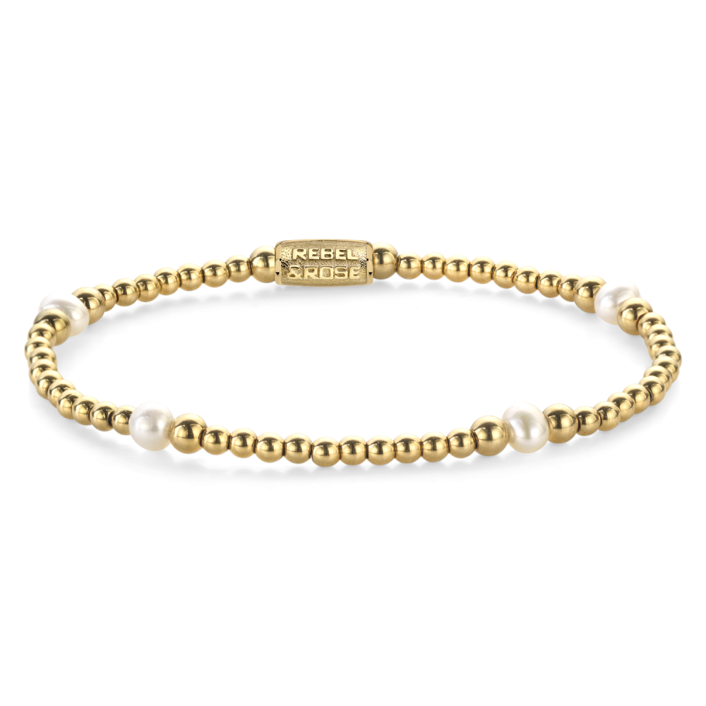 Bracelet doré avec perles blanches et éléments en métal.
