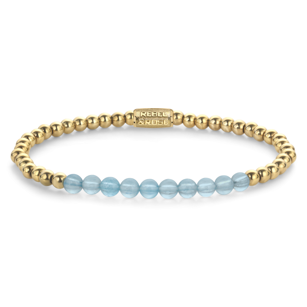 Bracelet en perles dorées avec des perles en verre bleu clair au centre.