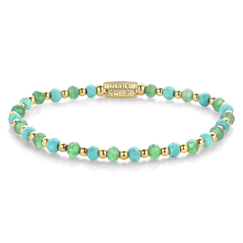 Bracelet en or jaune ionisé de 18 ct avec perles turquoise et vertes de 4 mm.