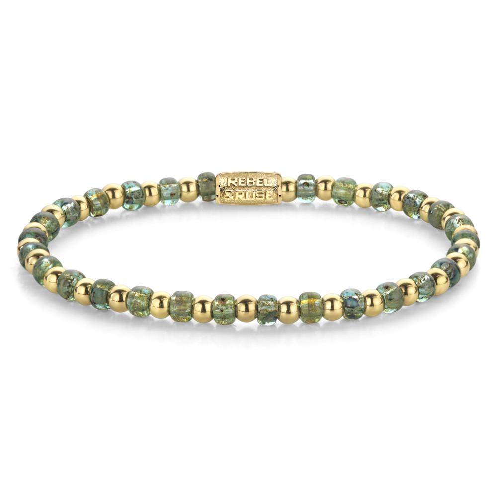 Bracelet en perles de verre multicolores avec des éléments dorés, 4 mm de diamètre.