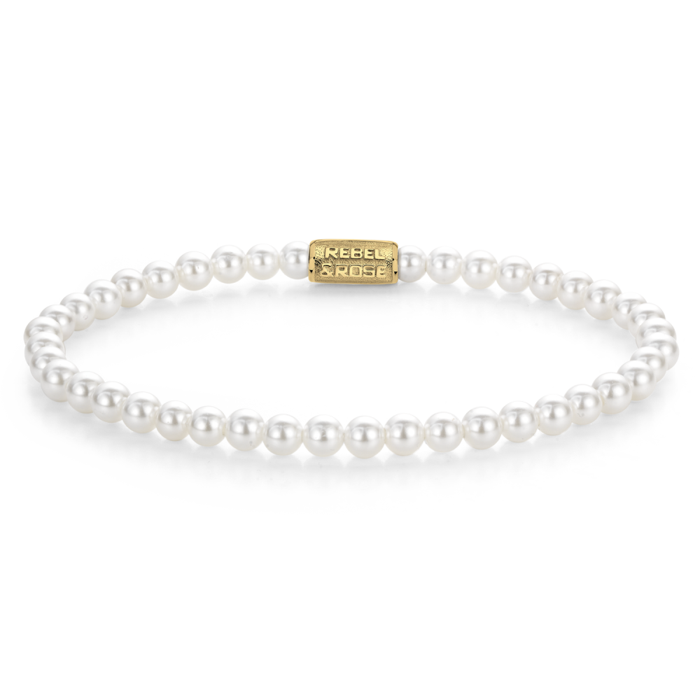 Bracelet perles blanches de 4 mm avec un fermoir doré.