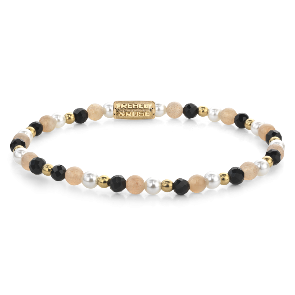 Bracelet de perles noires et dorées avec des perles en verre transparent et des perles roses.
