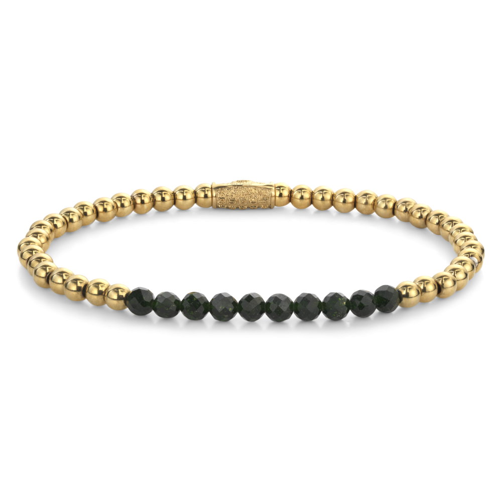 Bracelet en perles dorées avec des perles vertes en pierre au centre.