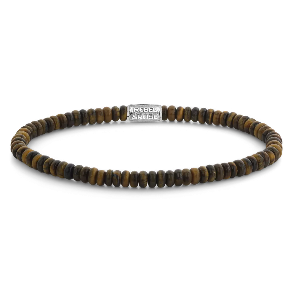 Bracelet en pierres rondes de jaspe tigre, avec des nuances de marron et doré.