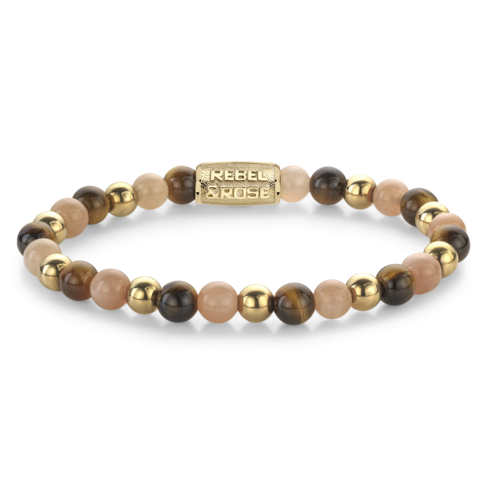Bracelet en perles de 6 mm, plaqué or jaune 18 ct, avec des perles en pierre naturelle et des détails dorés.
