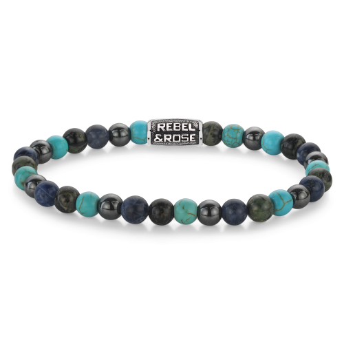 Bracelet pour homme en perles de 6 mm, avec des nuances de bleu, turquoise et noir, ornée d'un élément en métal.
