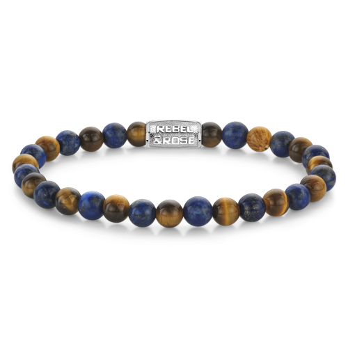 Bracelet en perles de 6 mm en lapis-lazuli et œil de tigre, avec un fermoir en métal.