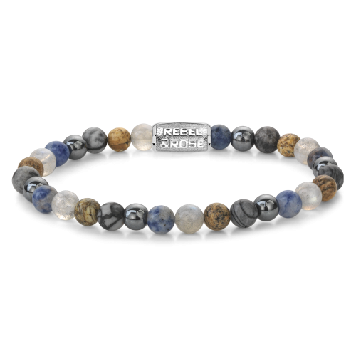 Bracelet pour homme en perles de 6 mm, avec des perles multicolores et un élément en métal.