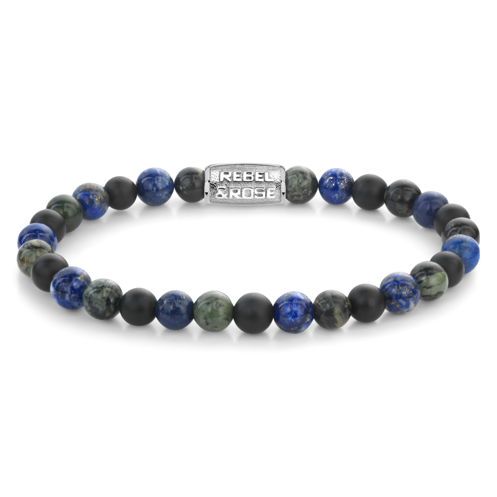 Bracelet pour homme en perles de 6 mm, mélange de pierres bleues et noires avec un fermoir argenté.