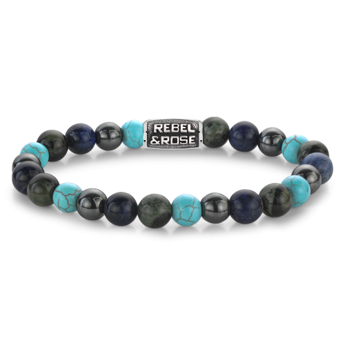 Bracelet en perles de 8 mm, avec des perles turquoise et noires, ornée d'une plaque en métal.