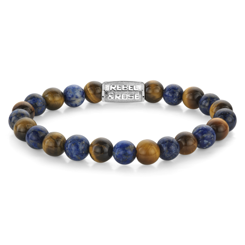 Bracelet en perles de 8 mm en lapis-lazuli et œil de tigre, avec un fermoir en métal argenté.